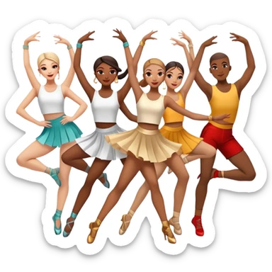 Icon for Contemporary Dance: a synchronized group dance performance with dancers in modern outfits, performing on stage with bright spotlighting and energetic movement. The icon should capture the dynamic and vibrant nature of contemporary dance. Transparent background. sticker