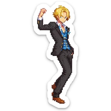 Sanji from One Piece, pixel art style, curly eyebrow, blond hair, black suit, side view, kicking pose sticker