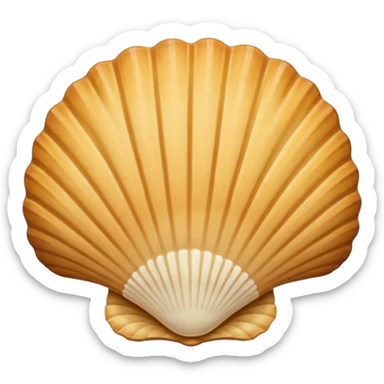 A madeleine pastry. Scalloped seashell shape with four to five vertical lines going in the same direction. Light golden brown. Scalloped edge. Cookie. Flat. Long. Oval shape sticker