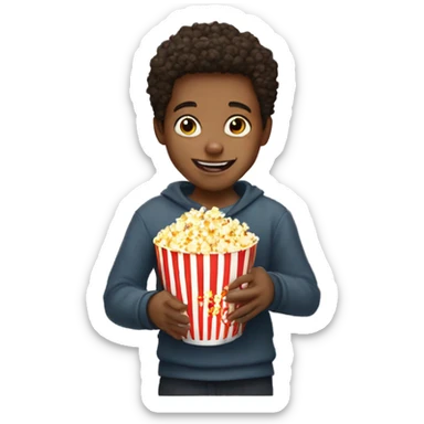 a young boy holding a cup of popcorn and sayin hi sticker