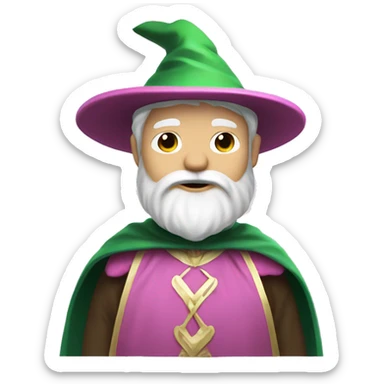 mage with white sharp hat, white beard, white eyebrow, white mustag, green cape and pink net for catching butterflies sticker