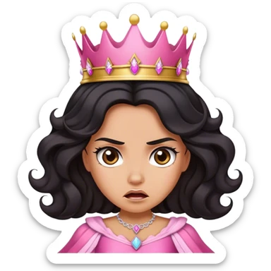Very tanned princess, with long black wavy hair and a crown, a pink princess Outfit But angry sticker