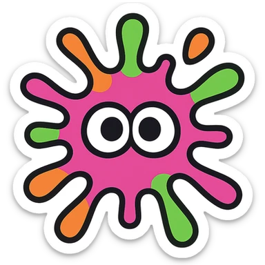 dynamic logo-style icon of a paint splatter with eyes, referencing Splatoon aesthetics, bold, colorful, graphic sticker