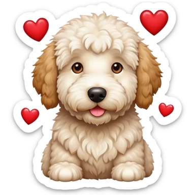 White cream mini golden doodle surrounded by hearts sticker