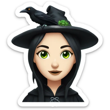 a pale black haired green eyes witch with a crow sticker