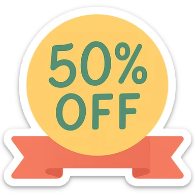 Round label with hand lettering 50% off with ribbon  sticker
