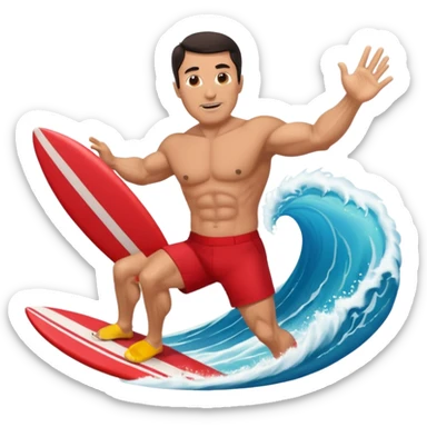50 year old, muscular, dark haired, tan, red shorts man riding a big wave sticker