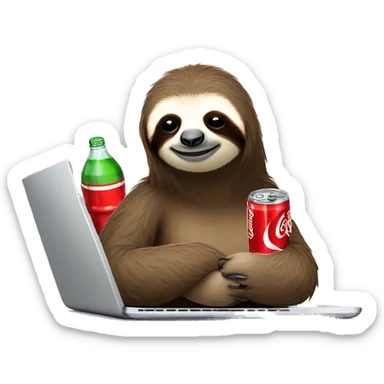 tired sloth with coca cola can and laptop sticker