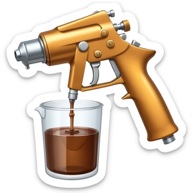 metal spray gun with clear sealed cup with brown liquid attached sticker
