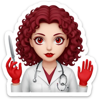 Lilith scalpel in hand, evil surgeon outfit.  She has red eyes. She has dark brown curly hair. Hair is long . Wears sexy doctor outfit with red gloves. Covers nose, neck and mouth with Muslims  sticker