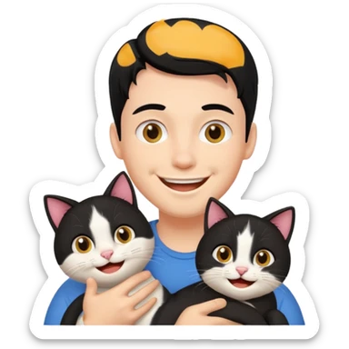 excited guy with a cat, black hair sticker
