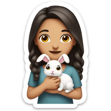 a girl with dark hair, brown eyes, with a bow on her hair, holding a bunny in her hands sticker