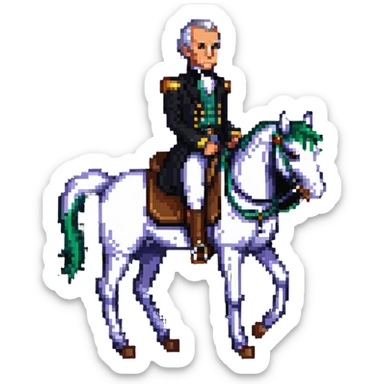 James K. Polk on horseback, election victory theme, dark horse, pixel art style sticker