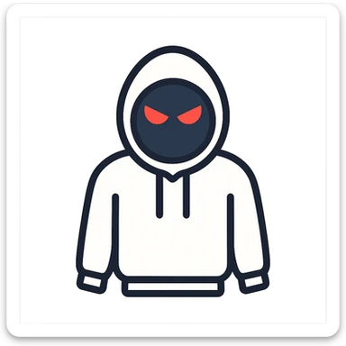 stylized white hoodie, black circle face, just red angry eyes, bold graphic sticker