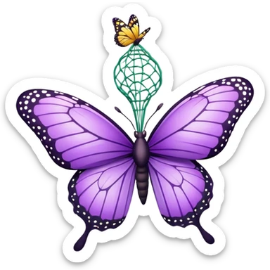 Butterfly catching net swinging down on a purple butterfly sticker
