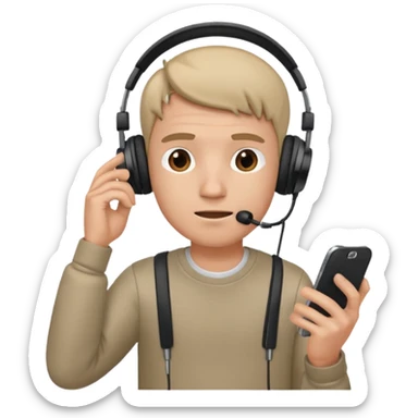 confused guy headphones on and with phone in hand turned to left quaterly sticker