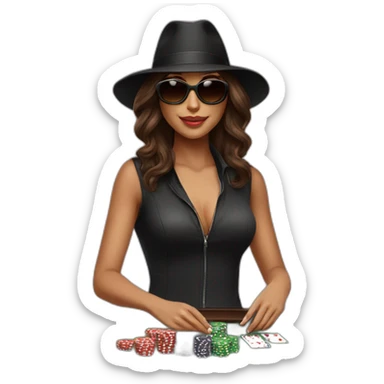 female with dark sunglasses brown wavy hair playing poker with a poker dealer hat sticker