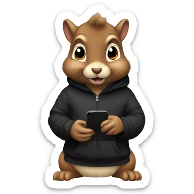 Realistic fluffy Squirrel in black hoodie holding an iPhone  sticker