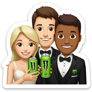 husband and wife at wedding holding monster energy drinks sticker