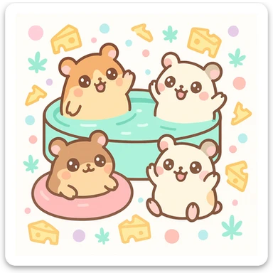 square Discord server icon, playful pool party scene with hamsters, weed leaves, cheese, THC theme, no disco ball, kawaii style, nostalgic, fun, inviting, summer party vibe, bright colors, clear composition sticker