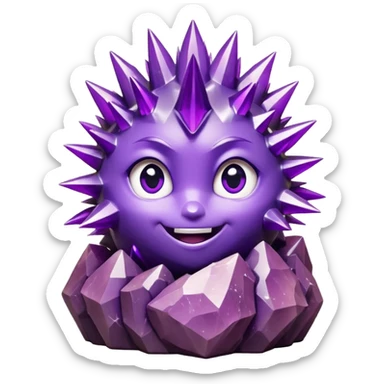 One spiky amethyst crystal rock character, short thick base covered in tall purple crystal spikes like a quartz cluster, faceted and sharp, adorable round face carved into the front of the base with big glossy eyes and a smile, 3D render, high detail, isolated on dark background.” sticker