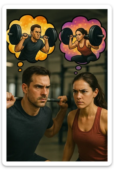realistic style, man and woman dreaming of lifting weights, visual elements showing their imagination, 2:3 aspect ratio sticker