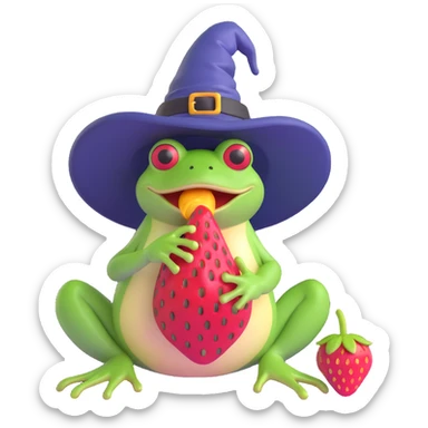 a frog wearing a witch hat and eating a strawberry, 3D emoji style sticker