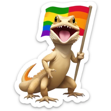 Bearded dragon with a pride flag whole body mouth open sticker
