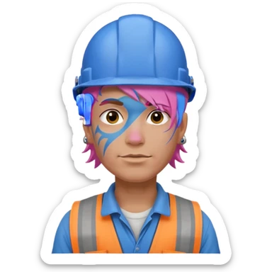 construction worker man pink hair, blue helmet and face tattoo sticker