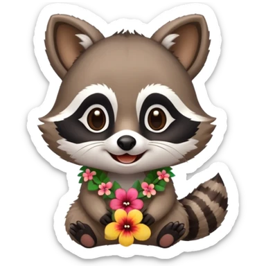 A cute chibi playful raccoon wearing a hawaiian flower necklace, looking festive. sticker