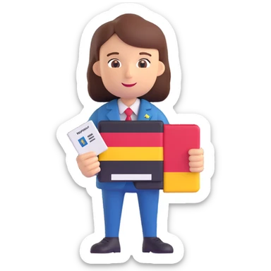 3D style neutral approachable character with no clear gender or age, holding a passport with German flag colors, modern inclusive app icon sticker