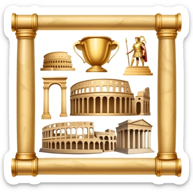 An icon featuring an ancient scroll, surrounded by famous historical landmarks and statues of notable figures, like the Colosseum or Napoleon. The design symbolizes the exploration of history through monuments and people. Transparent background highlights the pas sticker