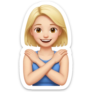 Girl with arms crossed holding neck and laughing sticker