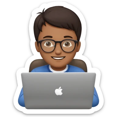 happy man on laptop with light brown skin color , with dark hair front of laptop sticker