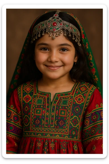 a dark brown haired girl in an Afghan dress, close-up portrait, ornate headpiece, detailed embroidery, warm smile sticker