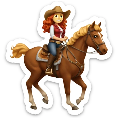Long wavy red headed Latina wearing western wear riding a blonde horseback  sticker