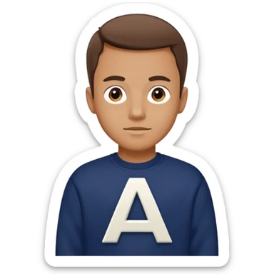 man wearing a navy sweatshirt with a giant white letter A on the upper right of the chest sticker