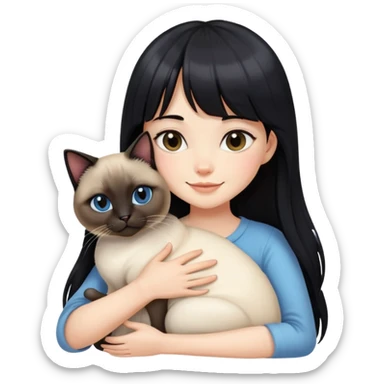 A girl with long black hair and bangs happily hugs a Siamese cat sticker