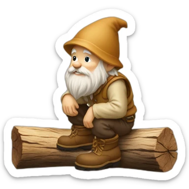 side view of gnome with light tan pants and boots squatting on top of tiny brown log sticker