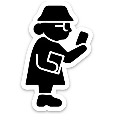 Gen Z librarian granny with bucket hat, chunky sneakers, glasses, holding a phone and a book, solid icon sticker