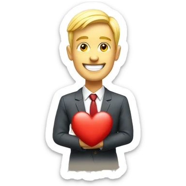 Happy smiling businessman holds a heart forward. white skin yellow hair sticker