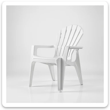 classic plastic lawn chair with arched top, five vertical slats, rounded armrests, four tubular legs, hovering above a clean studio floor, soft shadows, modern product photo style sticker