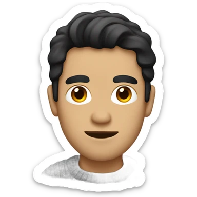 a man with black hair and a sweater with a paper clip diagonally across it. sticker