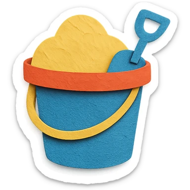 beach bucket and pail with sand and a small shovel, bright colors, in paper-craft style sticker
