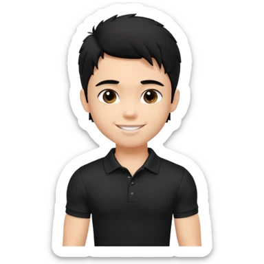 a pretty bratz fair lean muscles boy with a black polo shirt on. shaggy black hair. smiling sticker