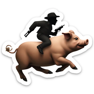 Pig running away from hunters with gun sticker