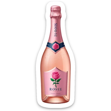 bottle of sparkling rosé with a rose logo on the label, angled to the left, no glass sticker