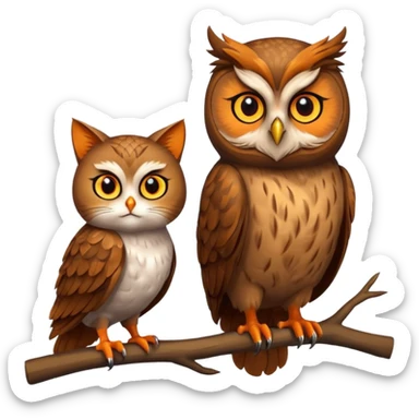 Owl on a branch with a cat's head sticker
