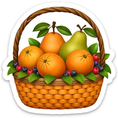 A rustic fruit basket with oranges, pears, and berries.







































 sticker