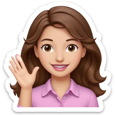 girl with wavy long brown hair, brown eyes, light to medium complexion, long lashes, light pink lipstick, smiling, wearing light pink shirt, slapping sticker